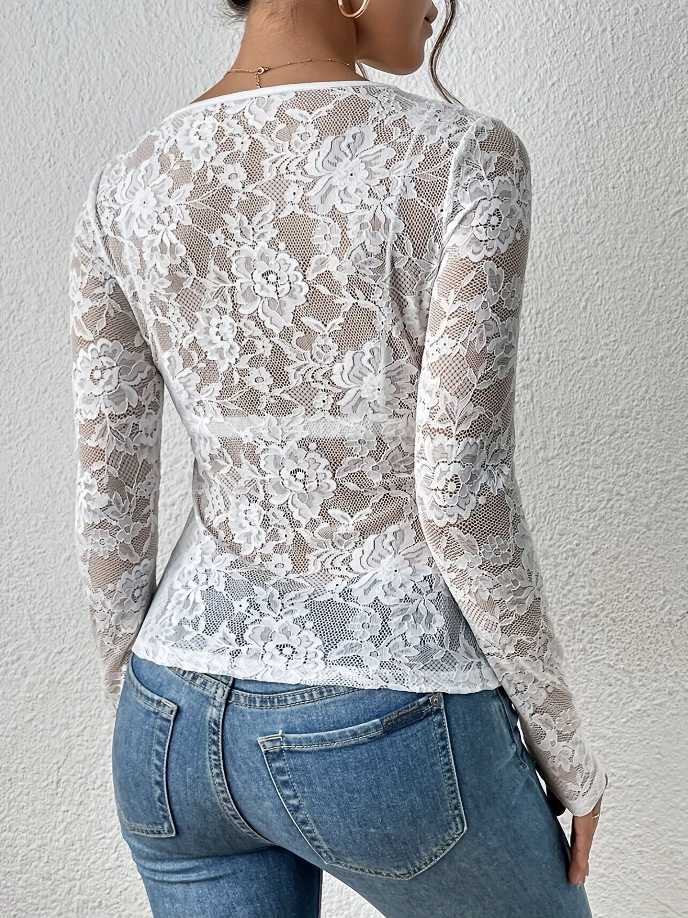 Women’s Sheer Floral Lace V-Neck Long Sleeve Blouse