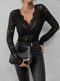 Women’s Sheer Floral Lace V-Neck Long Sleeve Blouse