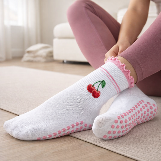 Women’s Pilates Socks - Cherry Embroidered Non-Slip