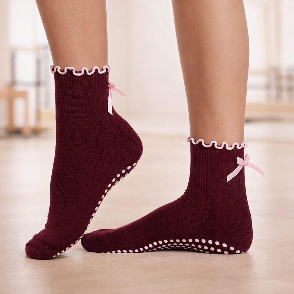 Burgundy - Pilates Socks Ballet Bow Non-Slip Grip