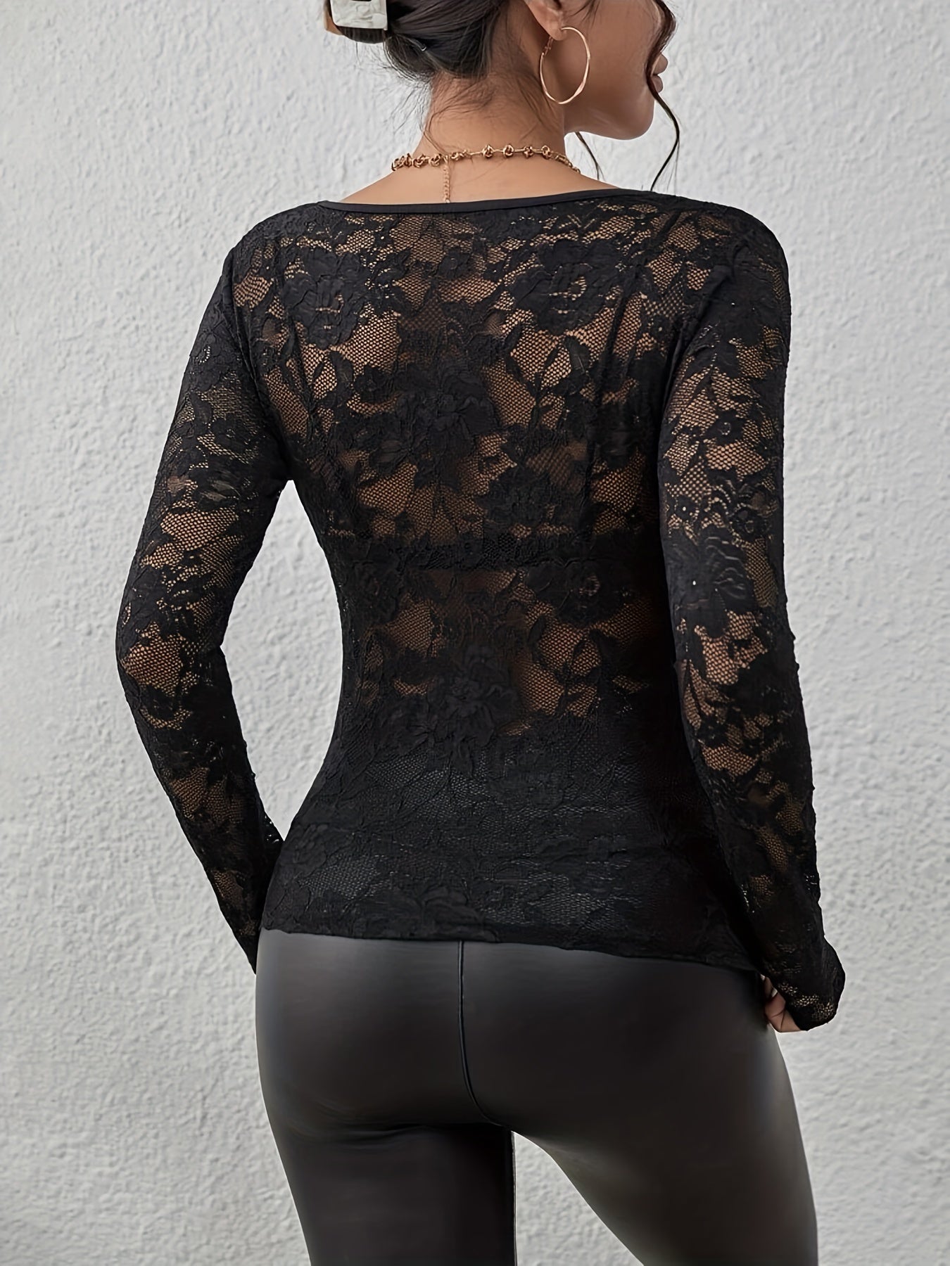 Women’s Sheer Floral Lace V-Neck Long Sleeve Blouse