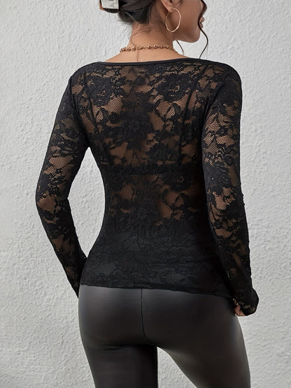Women’s Sheer Floral Lace V-Neck Long Sleeve Blouse