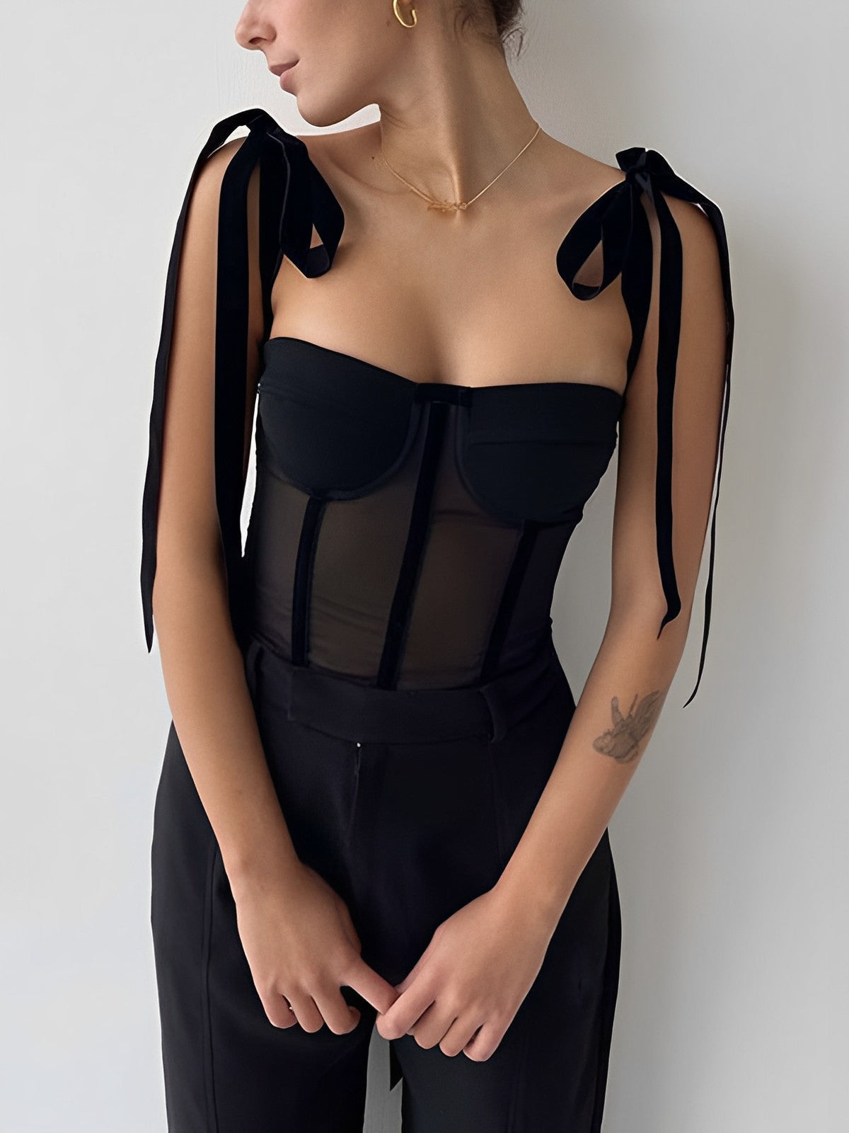 Yana - Black Mesh Corset Crop Top for Women