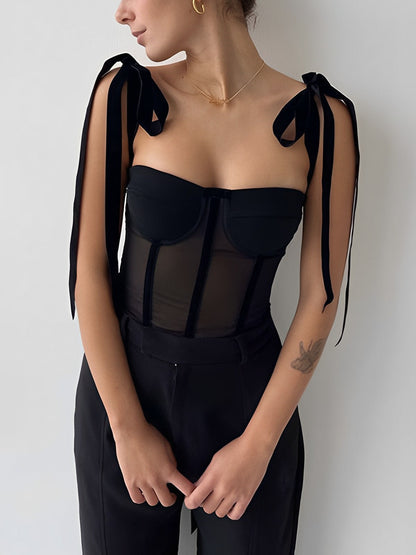 Yana - Black Mesh Corset Crop Top for Women