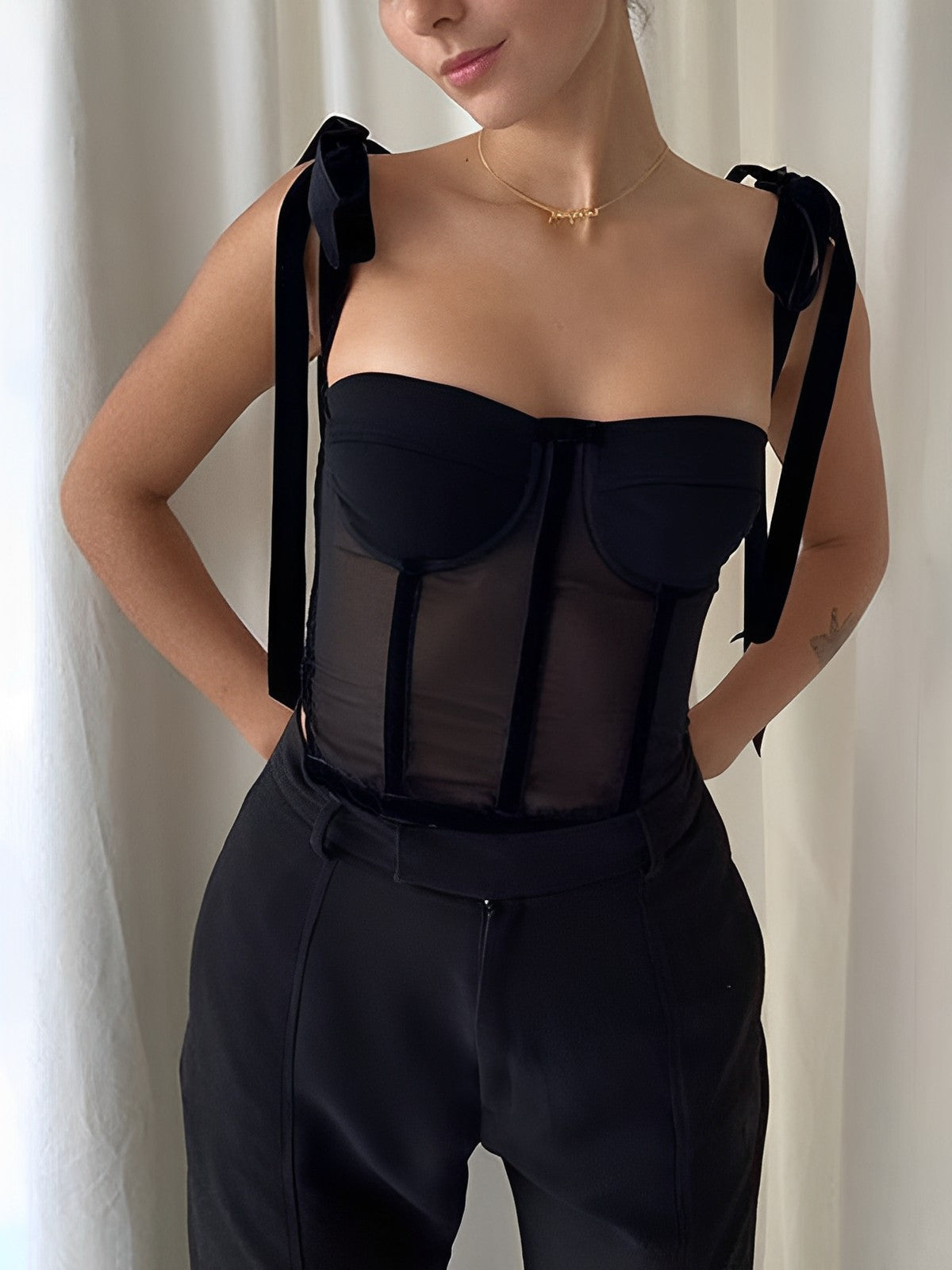 Yana - Black Mesh Corset Crop Top for Women