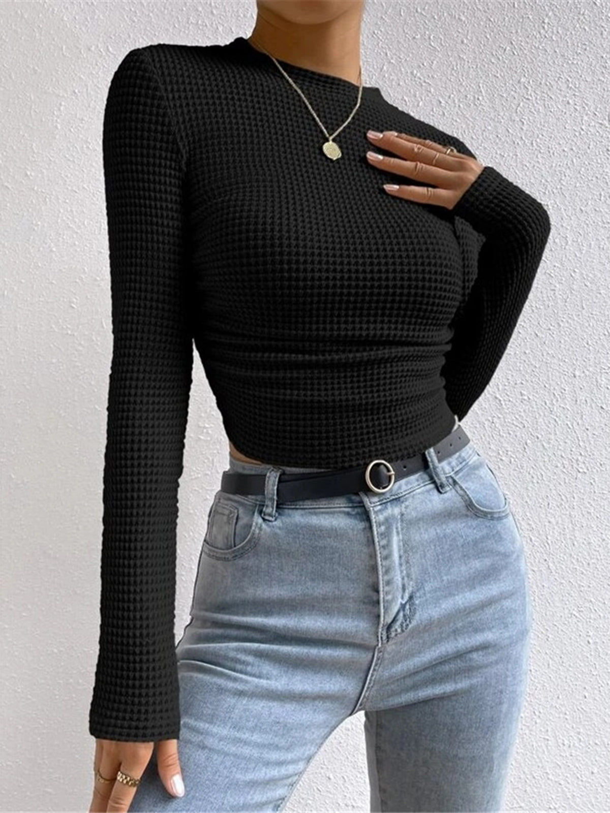 Sage | Women's Fitted Waffle Knit Long Sleeve Top