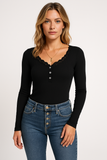 Carolyn - Women's Ribbed V-Neck Top - Long Sleeve