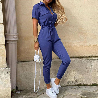 Reese | Lightweight Structured Fit Short Sleeve Jumpsuit With Button Closure
