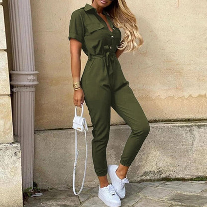 Reese | Lightweight Structured Fit Short Sleeve Jumpsuit With Button Closure