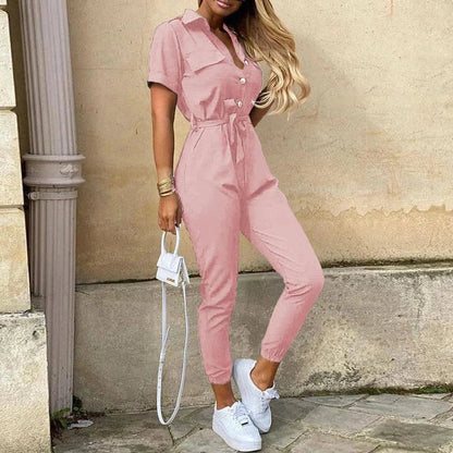 Reese | Lightweight Structured Fit Short Sleeve Jumpsuit With Button Closure