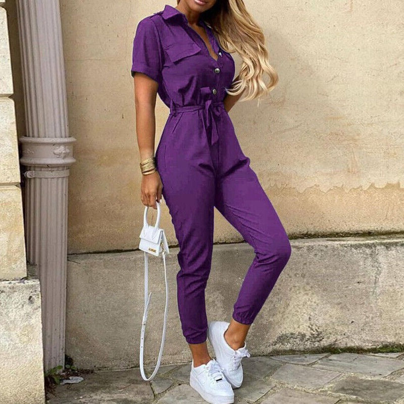 Reese | Lightweight Structured Fit Short Sleeve Jumpsuit With Button Closure