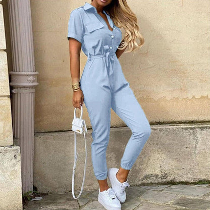 Reese | Lightweight Structured Fit Short Sleeve Jumpsuit With Button Closure