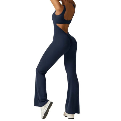 Adeline - Flared Yoga Jumpsuit with Deep V-Back