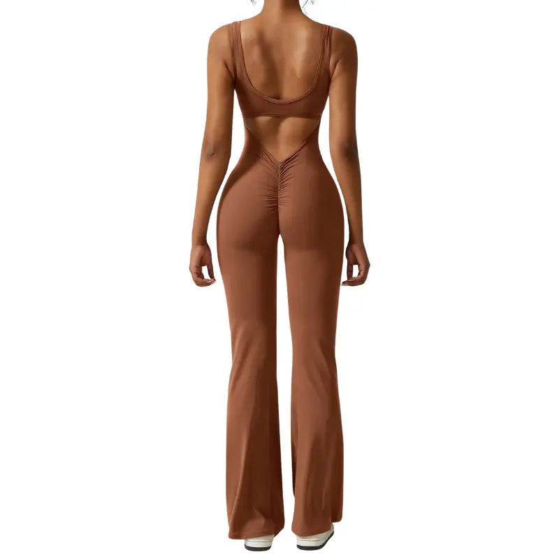 Adeline - Flared Yoga Jumpsuit with Deep V-Back
