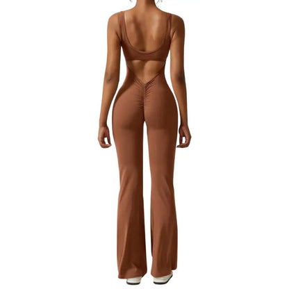 Adeline - Flared Yoga Jumpsuit with Deep V-Back