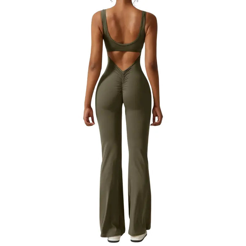 Adeline - Flared Yoga Jumpsuit with Deep V-Back