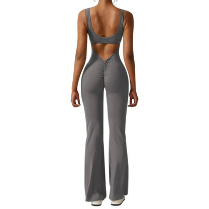 Adeline - Flared Yoga Jumpsuit with Deep V-Back