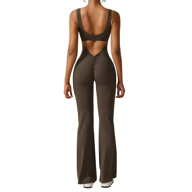 Adeline - Flared Yoga Jumpsuit with Deep V-Back
