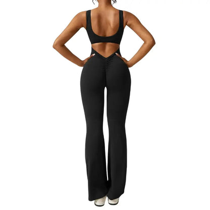 Adeline - Flared Yoga Jumpsuit with Deep V-Back