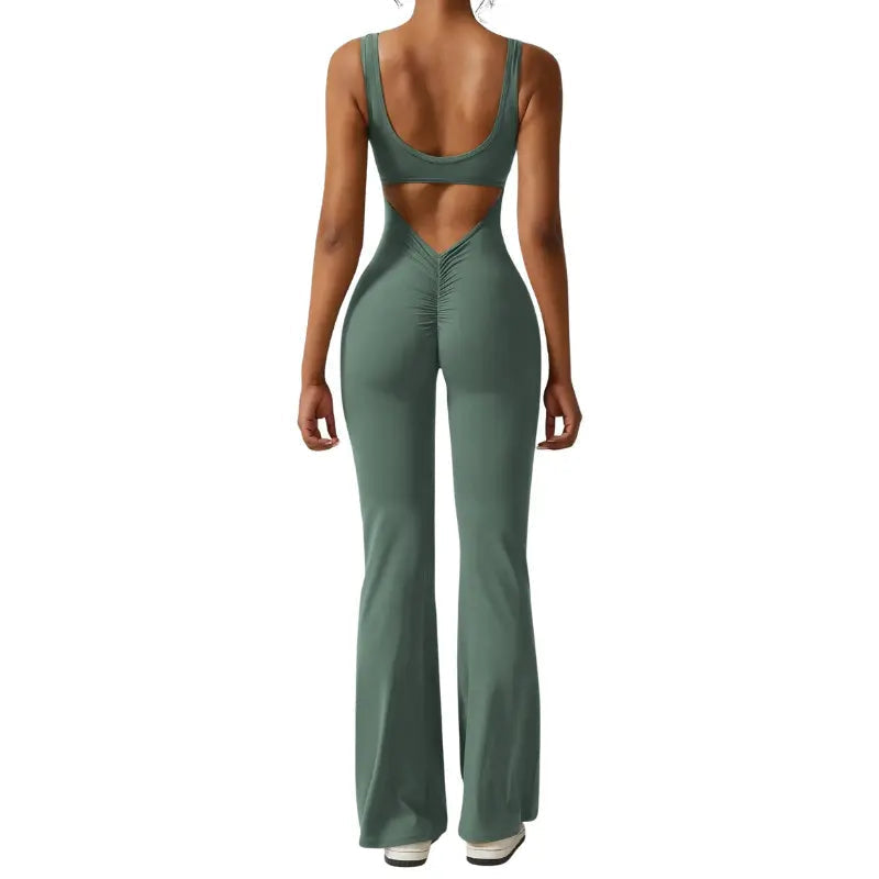 Adeline - Flared Yoga Jumpsuit with Deep V-Back