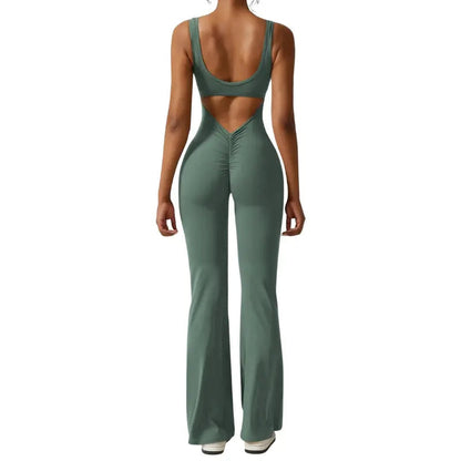 Adeline - Flared Yoga Jumpsuit with Deep V-Back