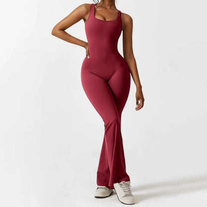 Adeline - Flared Yoga Jumpsuit with Deep V-Back