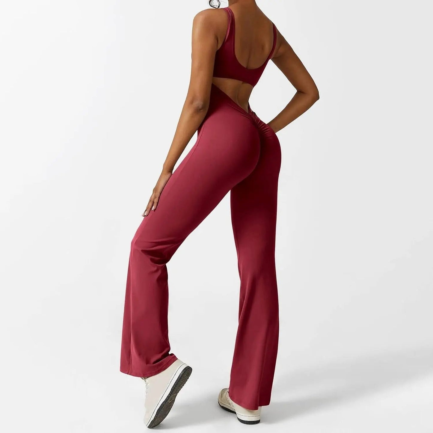 Adeline - Flared Yoga Jumpsuit with Deep V-Back