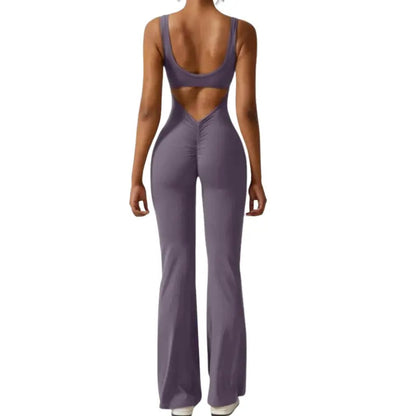 Adeline - Flared Yoga Jumpsuit with Deep V-Back