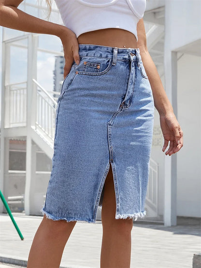 GISELE™ – Casual Slit Midi Denim Skirt