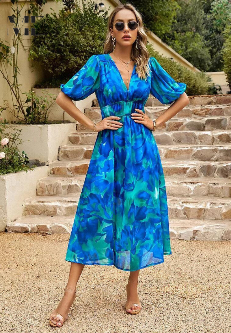 Roxanne | Elegant Floral Midi Dress with Puff Sleeves