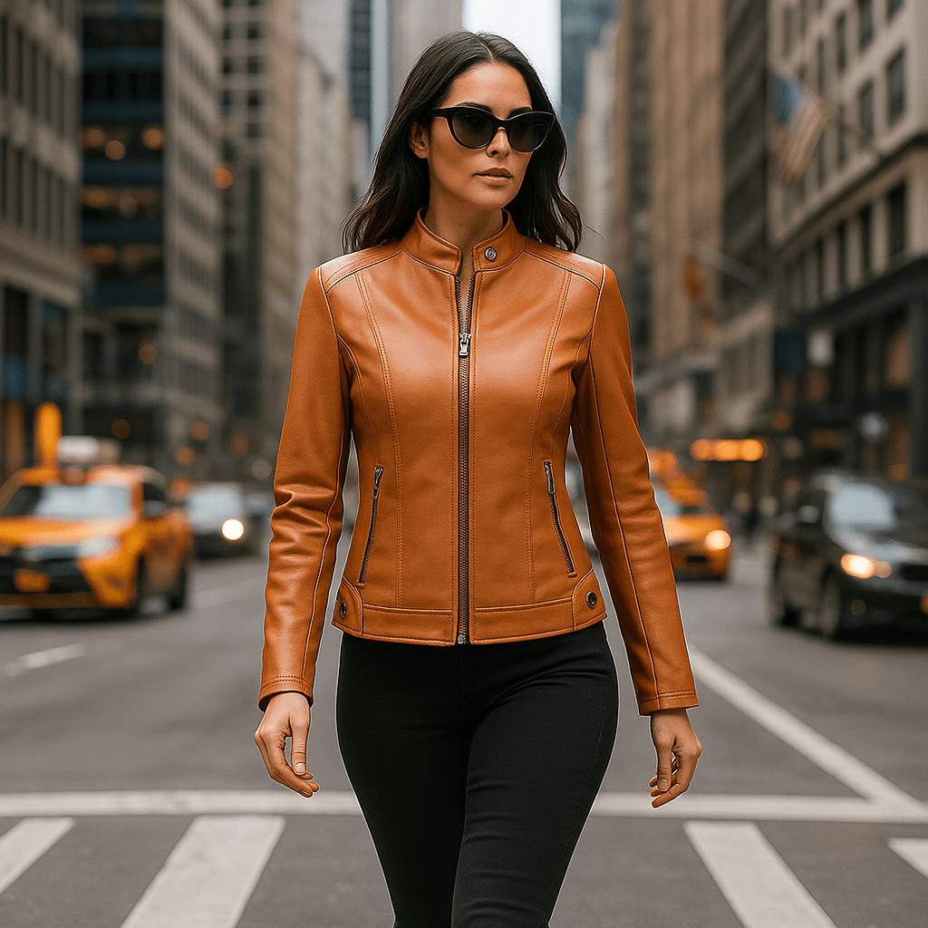 Women's Leather Jacket - Elegant Design - Mao Collar - Comfort