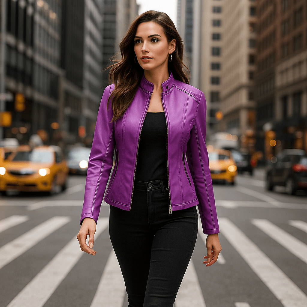 Women's Leather Jacket - Elegant Design - Mao Collar - Comfort