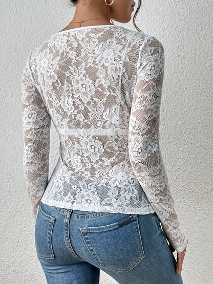 Women’s Sheer Floral Lace V-Neck Long Sleeve Blouse